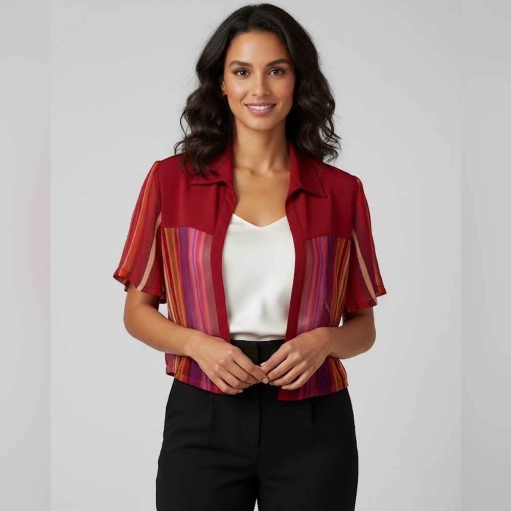 Joseph Ribkoff 100% Silk Cropped Sheer Jacket Red Striped Art to Wear Size 12